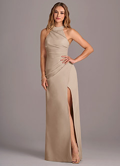 Azazie Jemma Bridesmaid Dresses Taupe Sheath Pleated Chiffon Dress image4