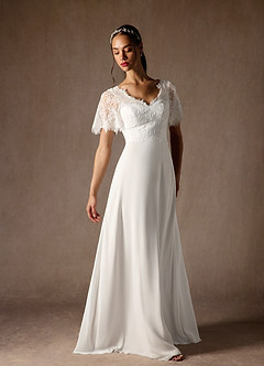 Azazie Veradis Wedding Dresses Diamond White A-Line V-Neck lace Chiffon Dress image3