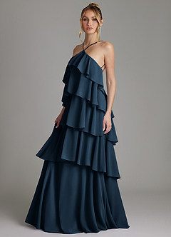 Azazie Deena Vestidos de madrinha de casamento Vestido Azul Marinho de Chiffon de Linha A com Franzido image5