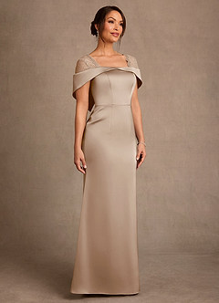 Azazie Henrieta Mother of the Bride Dresses Taupe Sheath Lace Stretch Satin Dress image3