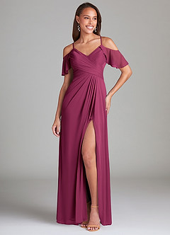 Azazie Dakota Bridesmaid Dresses Mulberry A-Line Off the Shoulder Mesh Dress image1