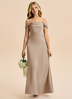 Azazie Lettie Junior Taupe A-Line Off the Shoulder Stretch Satin Dress image2
