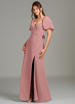 Azazie Phylicia At-home Try On Dresses Dusty Rose A-Line Bow Chiffon Dress image4