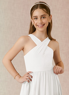 Azazie Jiya Junior A라인 주름진 쉬폰 플로어 길이 주니어 신부 들러리 드레스 image4
