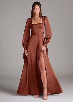 Azazie Leonia Bridesmaid Dresses Clay A-Line Long Sleeve Stretch Satin Dress image1
