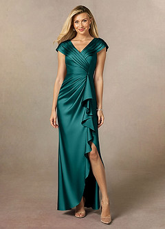 Azazie Anderson Mother of the Bride Dresses Peacock A-Line Pleated Stretch Satin Dress image1