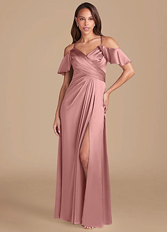 Azazie Dakota Slutförsäljning Klänning av A-Line i Metallisk satin Av axeln Auburn image2