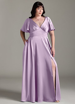 Azazie Kimber Bridesmaid Dresses Frosted Lilac A-Line Ruched Stretch Satin Dress image9