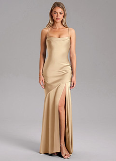 Azazie Grata Bridesmaid Dresses Champagne Sheath Side Slit Stretch Satin Dress image3