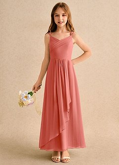Azazie Zaida Girls Formal Robe Demoiselle D'honneur Fillette Robe Trapèze en Mousseline de soie Plissée Rose Saumon image3