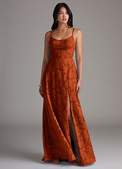 Azazie Moira Jurken voor bruidsmeisjes Jurk van Bloemen Burn-out met A-Lijn Zijsplit Paprika image4