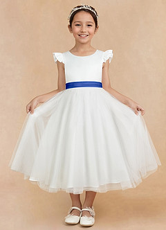 Azazie Hemi Flower Girl Dresses Ivory Royal Blue A-Line Bow Tulle Dress image3