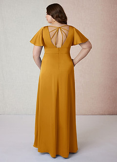 Azazie Lani Bridesmaid Dresses Butterscotch A-Line Flounce Sleeve Stretch Satin Dress image8
