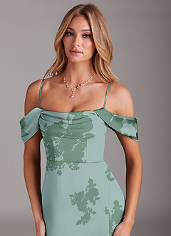 Azazie Saige Robes de demoiselle d'honneur Robe Fourreau en Satin extensible Épaule décolletée Fleurs De Sauge Poussiéreuse image2