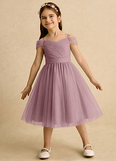 Azazie Lila Girls Formal Flower Girl Dresses Dusty Rose A-Line Off the Shoulder Tulle Dress image3
