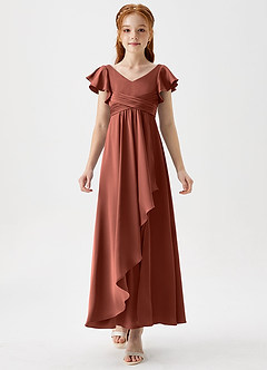 Azazie Omari Junior Auburn A-Line Pleated Stretch Satin Dress image5