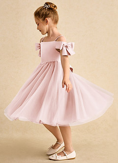 Azazie Amie Flower Girl Dresses Blushing Pink A-Line Off the Shoulder Matte Satin Dress image4