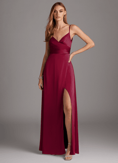 Azazie Calissa Final Sale Burgundy A-Line V-Neck Pleated Stretch Satin Dress image1