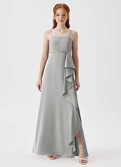 Azazie Kaylee Junior Silver A-Line with Belt Stretch Satin Dress image3