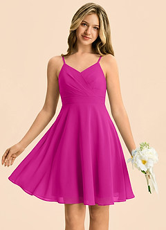 Azazie Avelina Junior Fuchsia A-Line Pleated Chiffon Dress image1