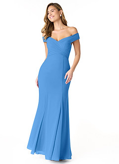 Azazie Lecia Bridesmaid Dresses Blue Jay Empire Off-The-Shoulder Pleated Chiffon Convertible Dress image1