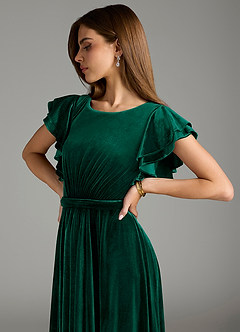 Azazie Daphne Modest Bridesmaid Dresses A-Line Velvet Floor-Length Dress with Belt image2