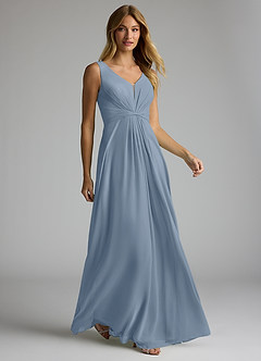 Azazie Gina Vestidos de damas de honor Vestido de Azul Polvoriento de Gasa de Corte en A con Cuello en V Plisado image3