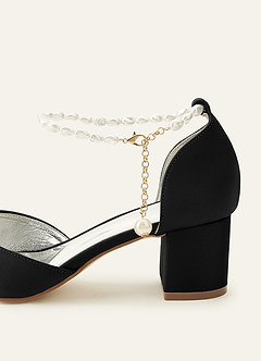 front Escarpins à bout pointu ornés de perles assorties, talons blocs en satin mat et nœud décoratif, pour mariage