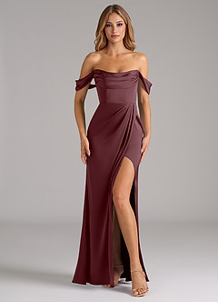 Azazie Johana Bridesmaid Dresses Sangria Mermaid Off the Shoulder Stretch Satin Convertible Dress image3