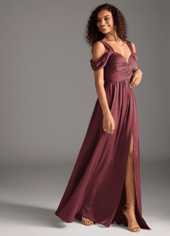 Azazie Lianne Bridesmaid Dresses Merlot A-Line Off the Shoulder Stretch Satin Dress image6