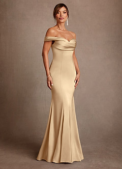 Azazie Boone Final Sale Champagne Mermaid Off the Shoulder Stretch Satin Dress image1