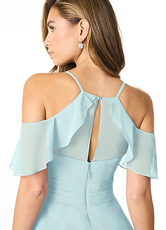 Azazie Dakota Robes de demoiselle d'honneur Robe Trapèze en Mousseline de soie Col V plissé Verre De Mer image8