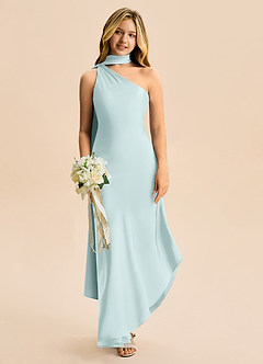 Azazie Briony Junior Vestido Névoa de Cetim elástico de Bainha com Plissado image1