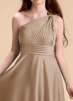 Azazie Charlize Junior Taupe A-Line Pleated Stretch Satin Dress image7