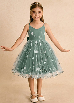 Azazie Junebug Flower Girl Dresses Eucalyptus Ball-Gown Spaghetti Strap Tulle Dress image3