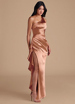 Azazie Latrice Bridesmaid Dresses Bronzer Sheath One Shoulder Metallic Satin Dress image1