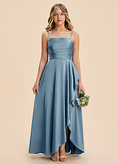 Azazie Naveah Junior Dusty Blue A-Line Ruched Stretch Satin Dress image1