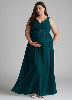 Azazie Yetta Maternity Bridesmaid Dresses A-Line V-Neck Gathered Chiffon Floor-Length Dress image7