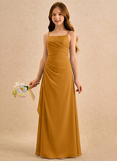 Azazie Cannoli Girls Formal Robe Demoiselle D'honneur Fillette Robe Trapèze en Mousseline de soie Plissée Caramel écossais image3