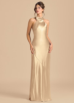 Azazie Velli Jurken voor bruidsmeisjes Jurk van Metaalachtig Satijn met Kolom Hoge Kraag Goud image2