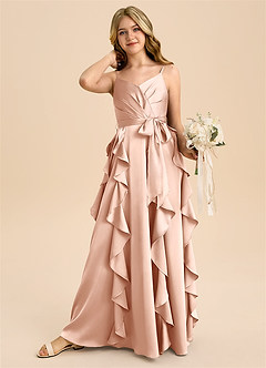 Azazie Peyton Junior Robe Trapèze en Satin extensible Plissée Or Rose image2