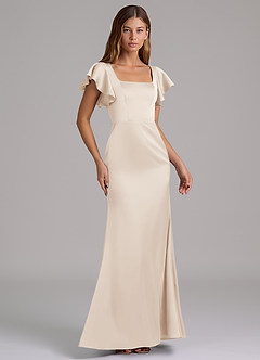 Azazie Elkie Robes de demoiselle d'honneur Robe Sirène en Satin extensible Col Carré Albâtre Blanc image4