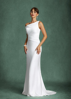 Azazie Ciara Wedding Dresses Diamond White Mermaid Off the Shoulder Stretch Satin Dress image2