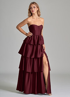 Azazie Faye Bridesmaid Dresses Cabernet A-Line Ruched Stretch Satin Dress image1