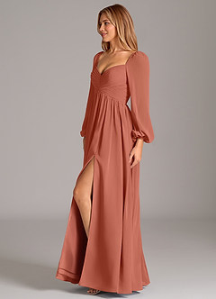Azazie Bailee Vestidos de damas de honor Vestido de Arcilla de Gasa de Corte en A con Manga larga image3