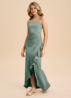 Azazie Buzzy Junior Silver Sage Sheath Pleated Stretch Satin Dress image7