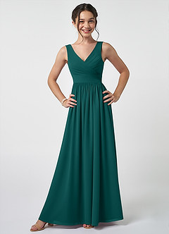 Azazie Keyla Junior Abito A-Line in Chiffon Plissettato Verde Pavone image1