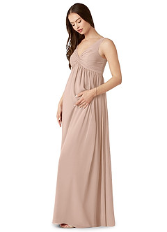 Azazie Yetta Maternity Bridesmaid Dresses A-Line V-Neck Gathered Chiffon Floor-Length Dress image4