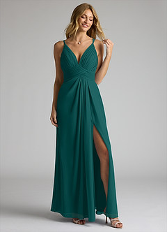 Azazie Maren Allure Bridesmaid Dresses Peacock A-Line V-Neck Lace Chiffon Dress image3