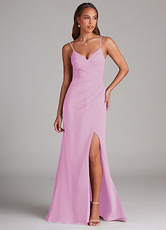 Azazie Maci Bridesmaid Dresses Candy Pink Sheath Pleated Chiffon Dress image1